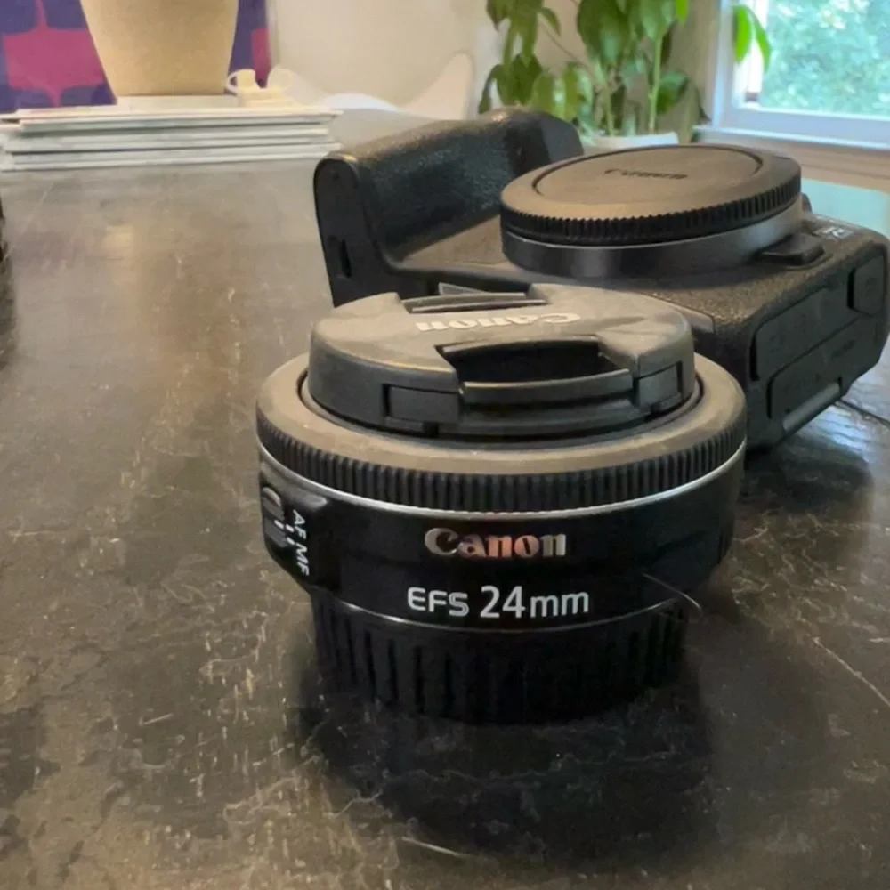 Canon EOS RP with mount adapter, two lenses, gimbal, and strap